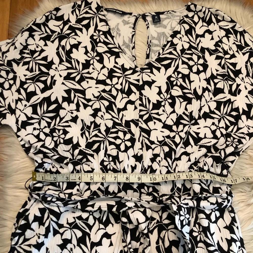 Lands End Gauze Crinkle Floral Black White Wide Leg Jumpsuit size M (10/12)